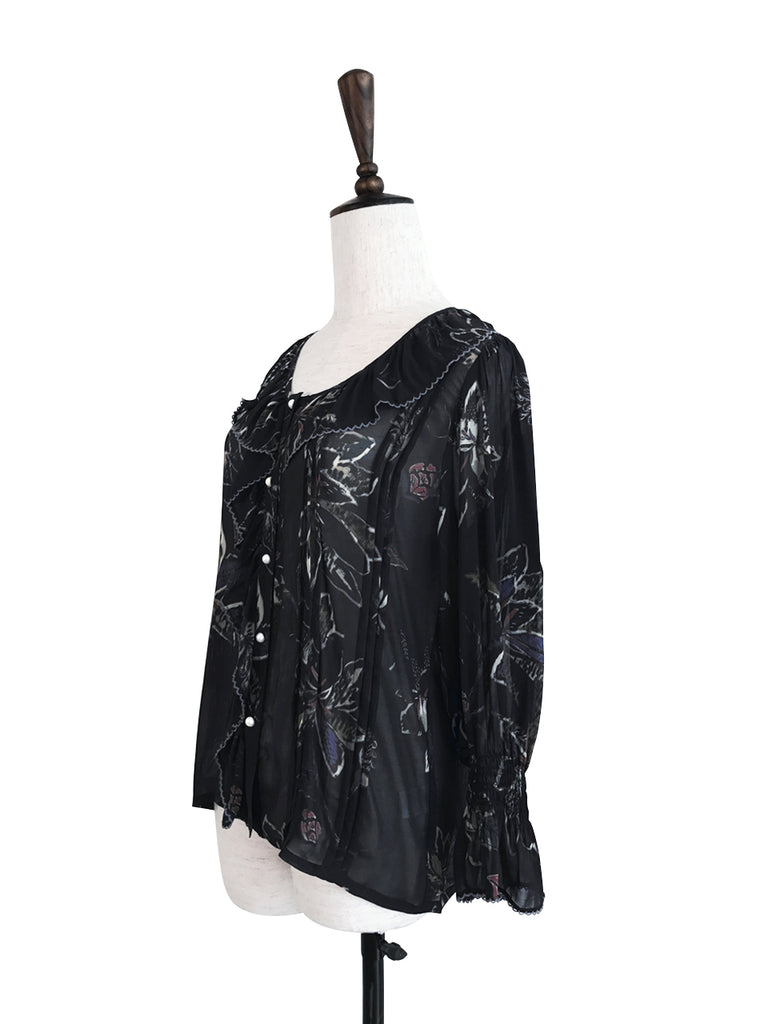 Last Chance! Black Print Ruffle Collar Pleats Panel Blouse