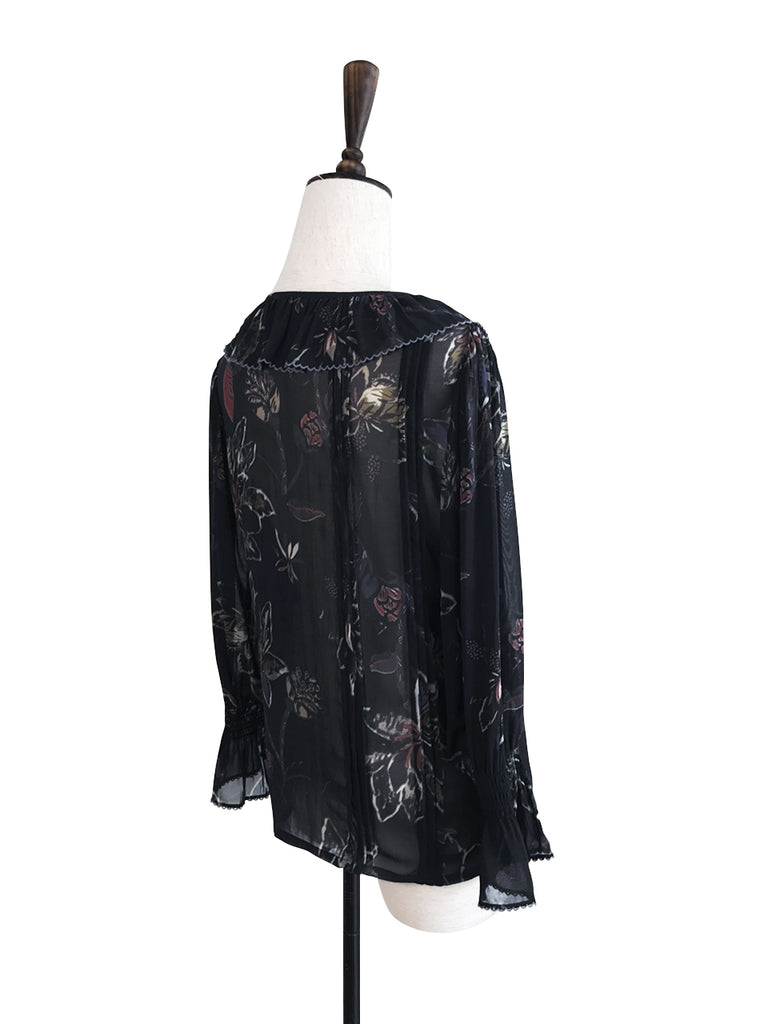 Last Chance! Black Print Ruffle Collar Pleats Panel Blouse