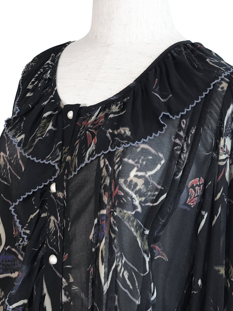 Last Chance! Black Print Ruffle Collar Pleats Panel Blouse