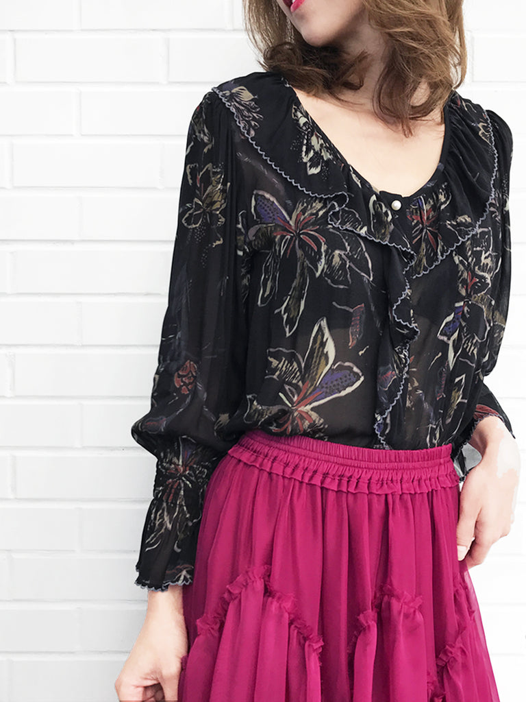 Last Chance! Black Print Ruffle Collar Pleats Panel Blouse