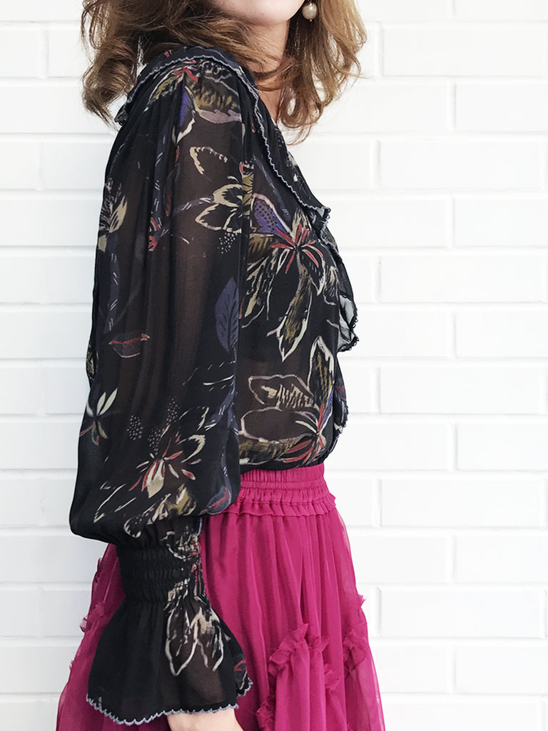 Last Chance! Black Print Ruffle Collar Pleats Panel Blouse