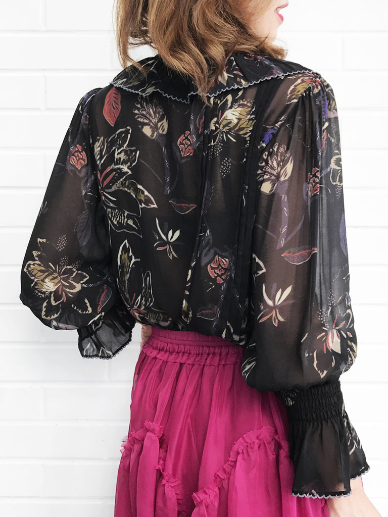 Last Chance! Black Print Ruffle Collar Pleats Panel Blouse