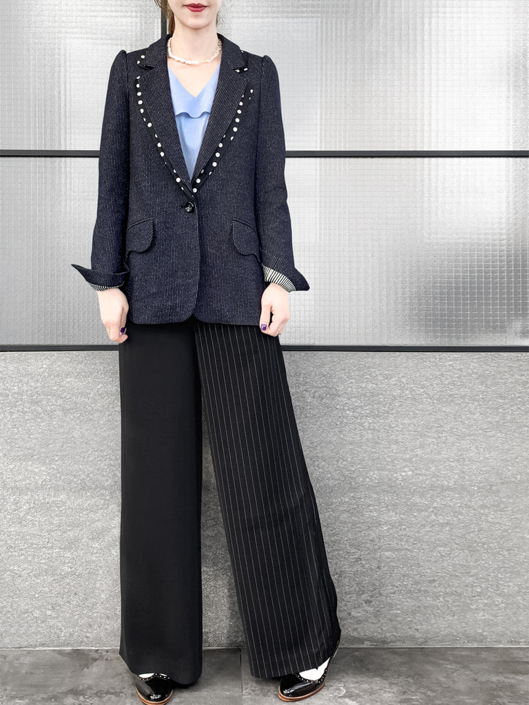 驚喜促銷!海軍藍細條紋毛棉混紡西裝外套