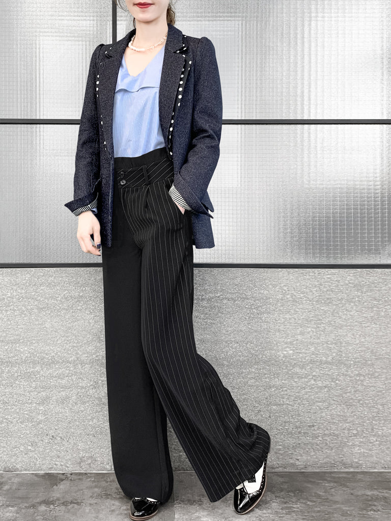 驚喜促銷!海軍藍細條紋毛棉混紡西裝外套