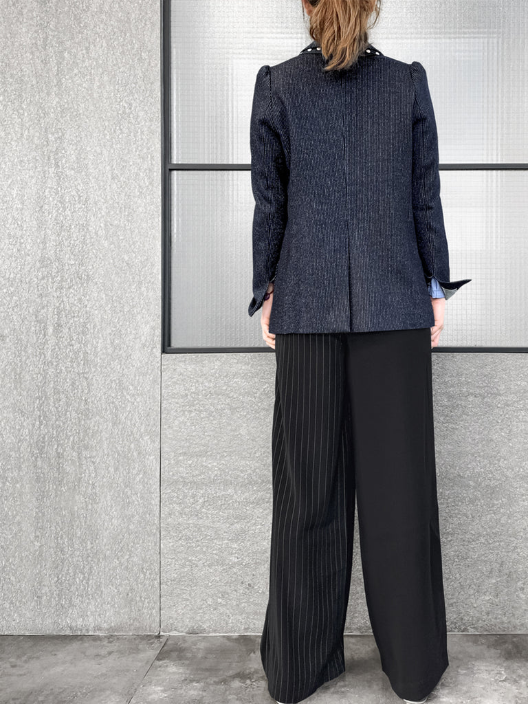 驚喜促銷!海軍藍細條紋毛棉混紡西裝外套