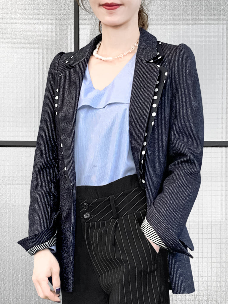 驚喜促銷!海軍藍細條紋毛棉混紡西裝外套