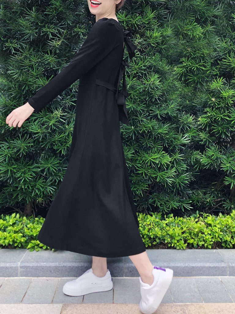 最後促銷!經典黑色後繫帶棉混紡長連身裙