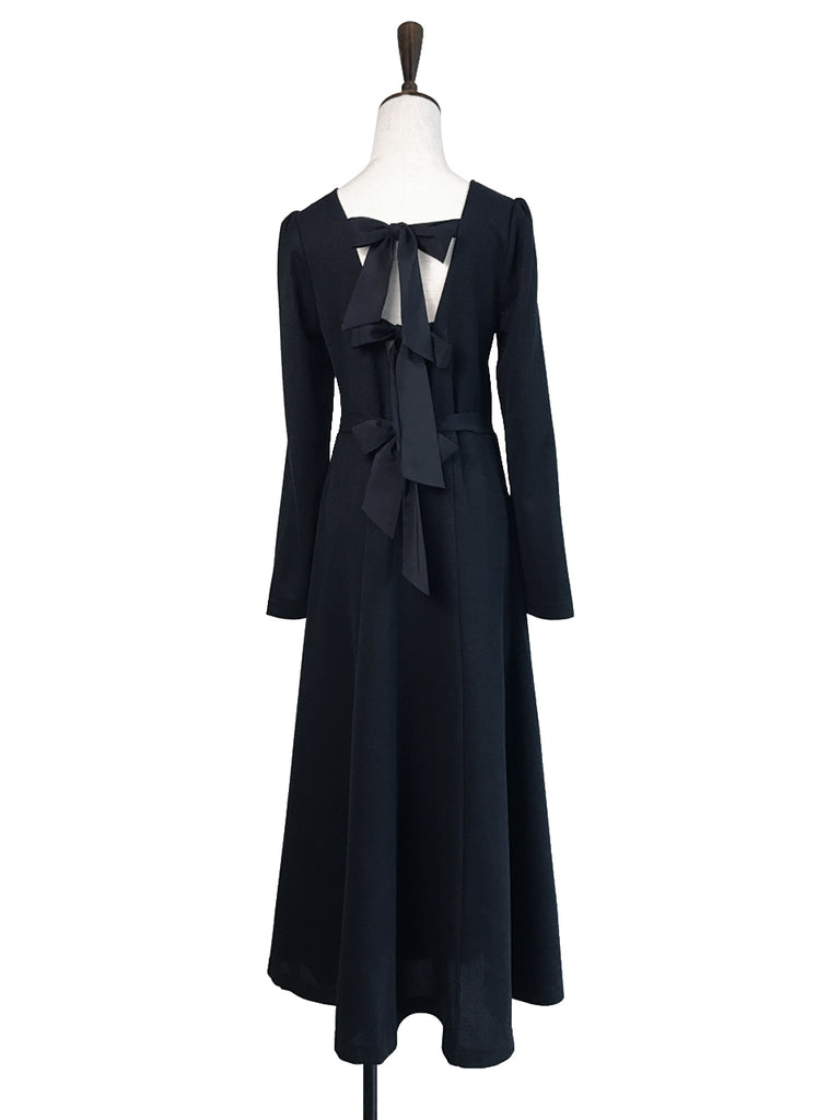 最後促銷!經典黑色後繫帶棉混紡長連身裙