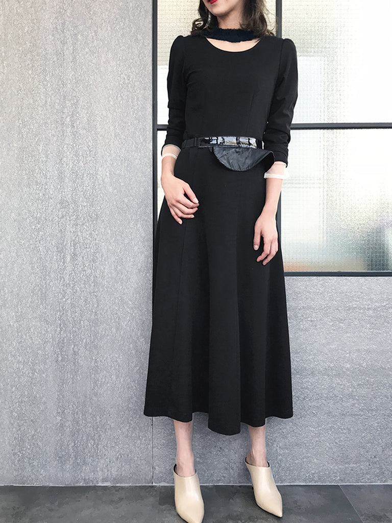 最後促銷!經典黑色後繫帶棉混紡長連身裙