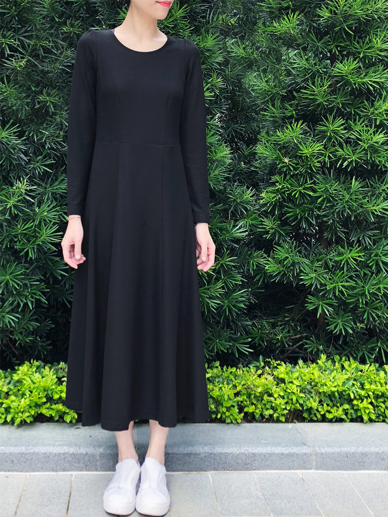 最後促銷!經典黑色後繫帶棉混紡長連身裙