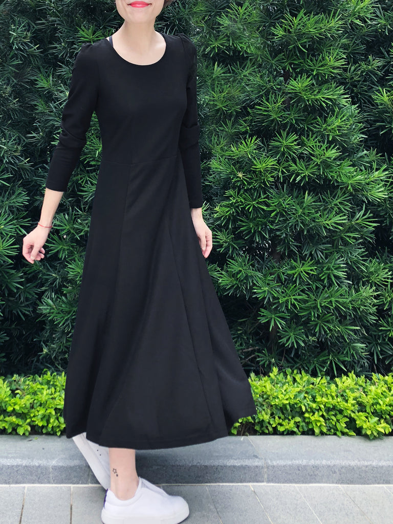 最後促銷!經典黑色後繫帶棉混紡長連身裙