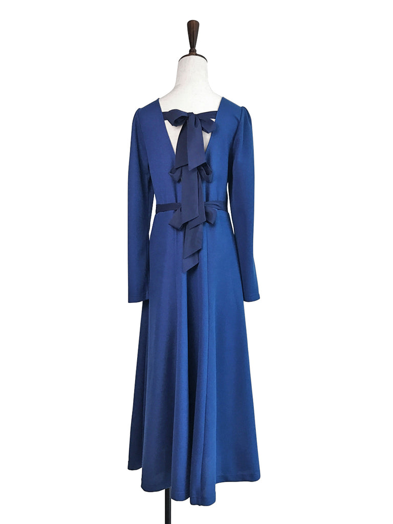 最後促銷!寶藍色後繫帶棉混紡長連身裙