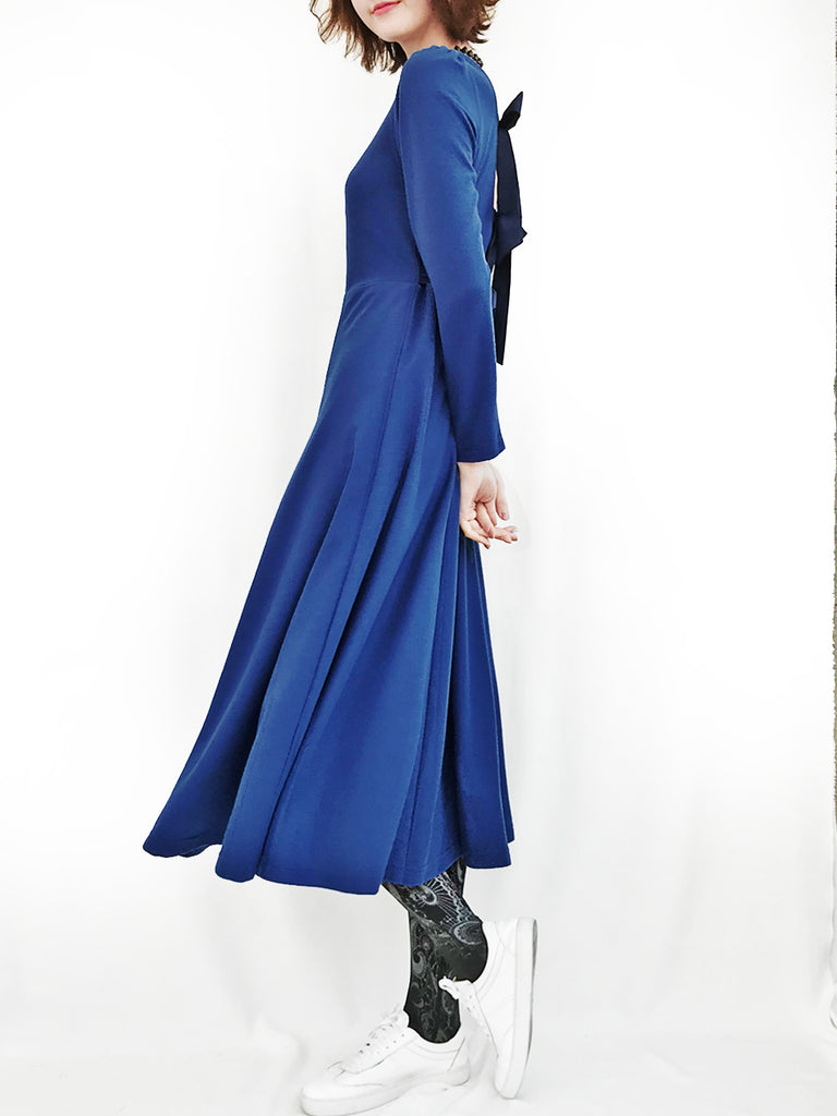 最後促銷!寶藍色後繫帶棉混紡長連身裙