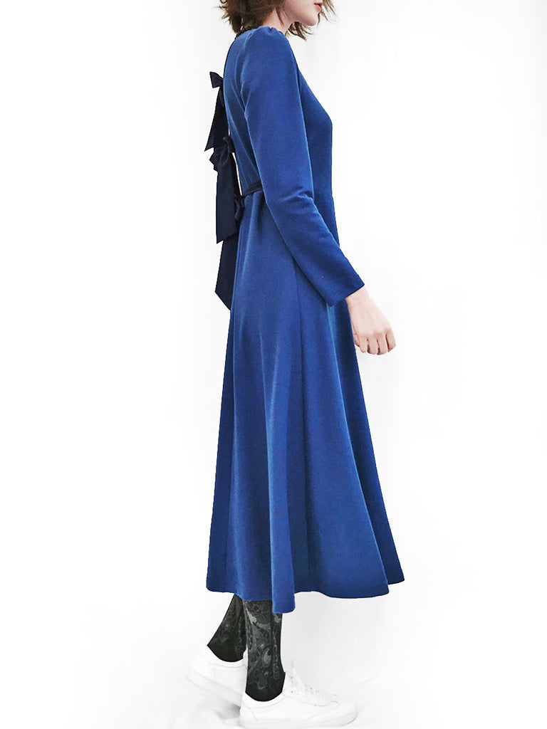 最後促銷!寶藍色後繫帶棉混紡長連身裙