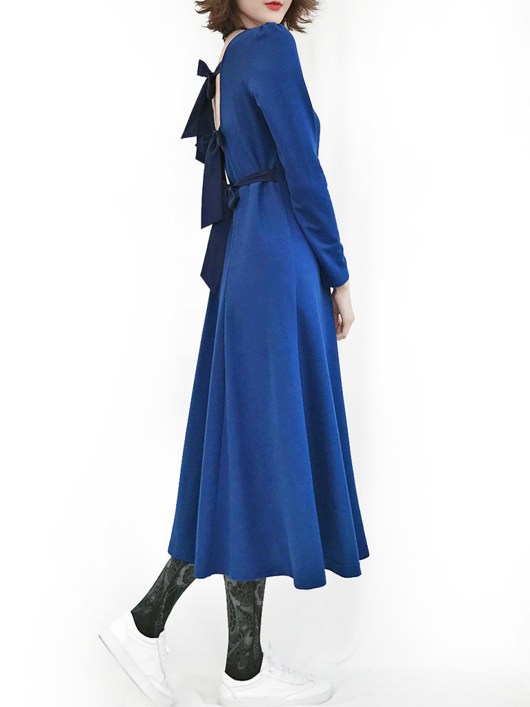 最後促銷!寶藍色後繫帶棉混紡長連身裙