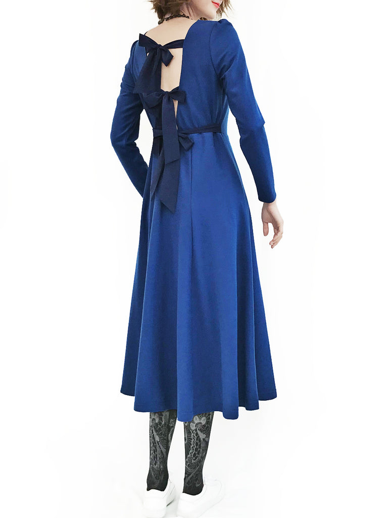 最後促銷!寶藍色後繫帶棉混紡長連身裙