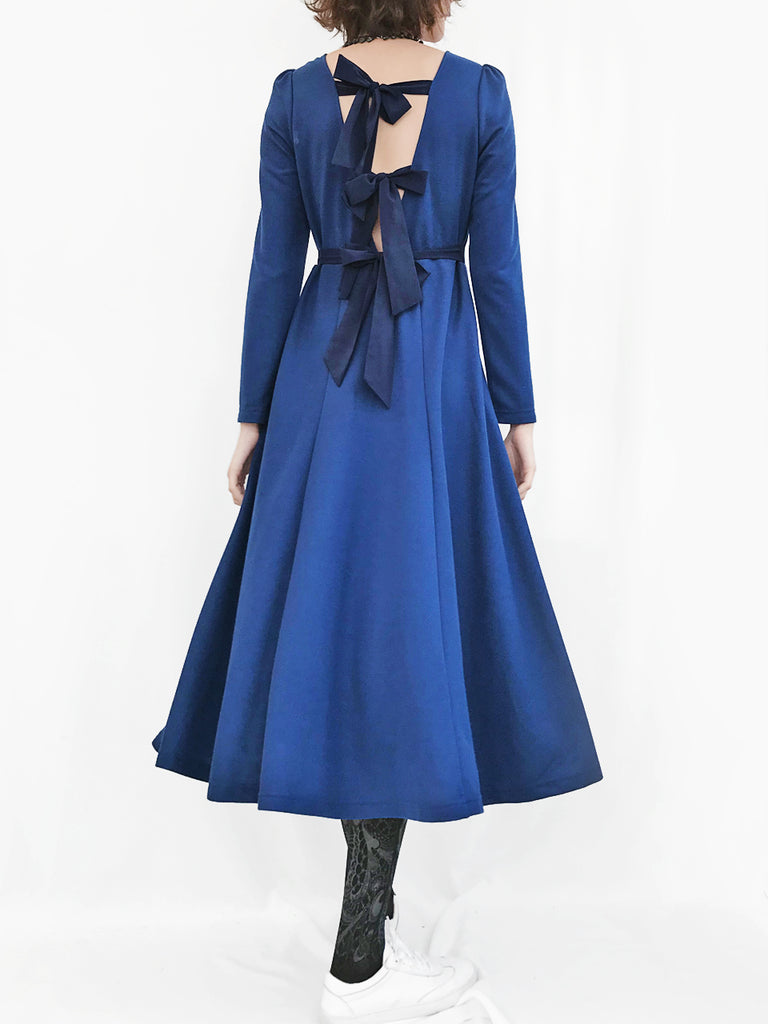 最後促銷!寶藍色後繫帶棉混紡長連身裙