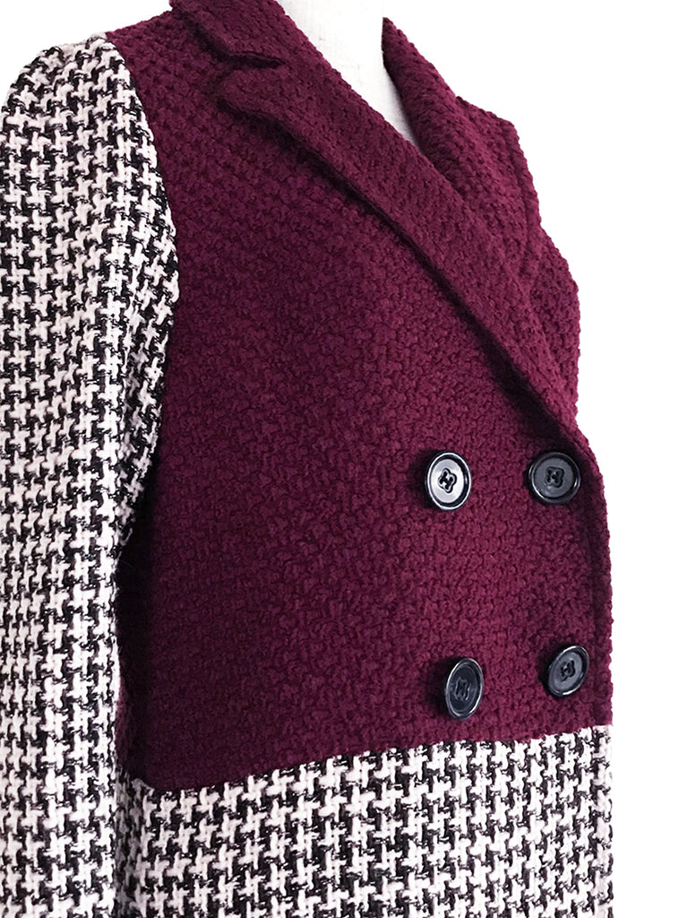 驚喜促銷!酒紅色和千鳥格拼色羊毛長外套