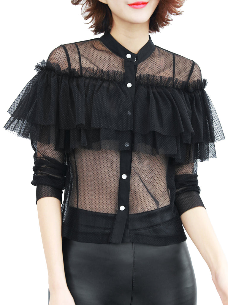Last Chance! Black Netting Mesh Cascade Ruffle Shirt