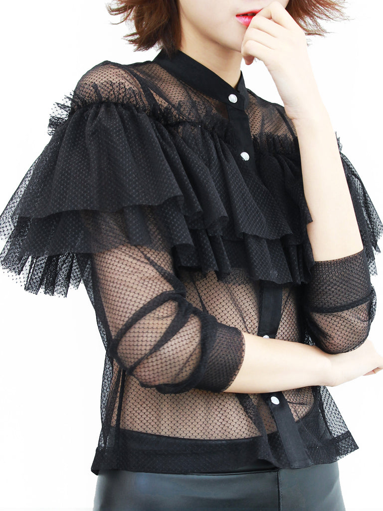 Last Chance! Black Netting Mesh Cascade Ruffle Shirt