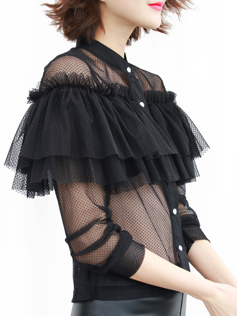 Last Chance! Black Netting Mesh Cascade Ruffle Shirt