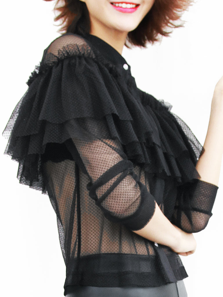 Last Chance! Black Netting Mesh Cascade Ruffle Shirt