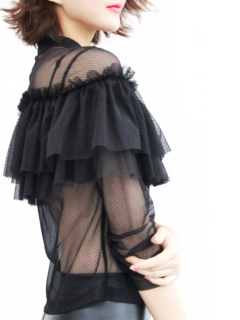 Last Chance! Black Netting Mesh Cascade Ruffle Shirt