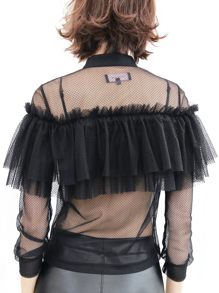 Last Chance! Black Netting Mesh Cascade Ruffle Shirt