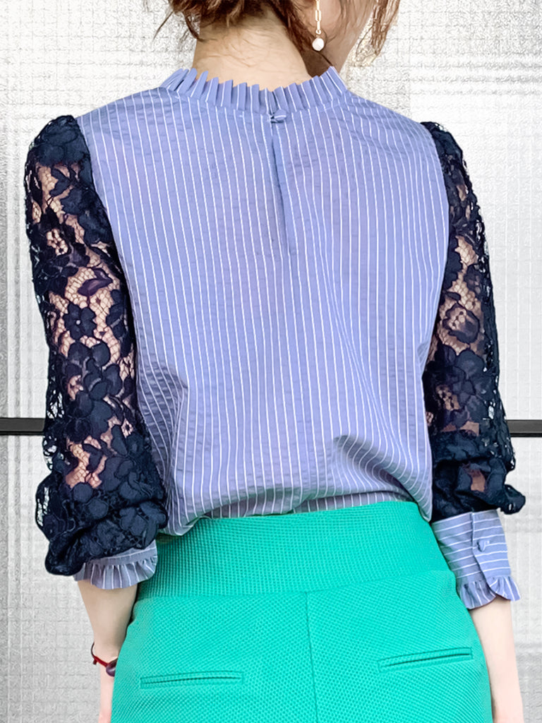 Final Sale! Blue Stripe Navy Lace Sleeves Ruffle Collar Blouse