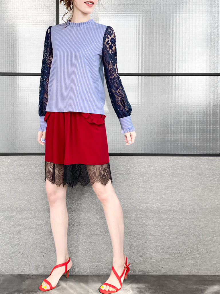 Final Sale! Blue Stripe Navy Lace Sleeves Ruffle Collar Blouse