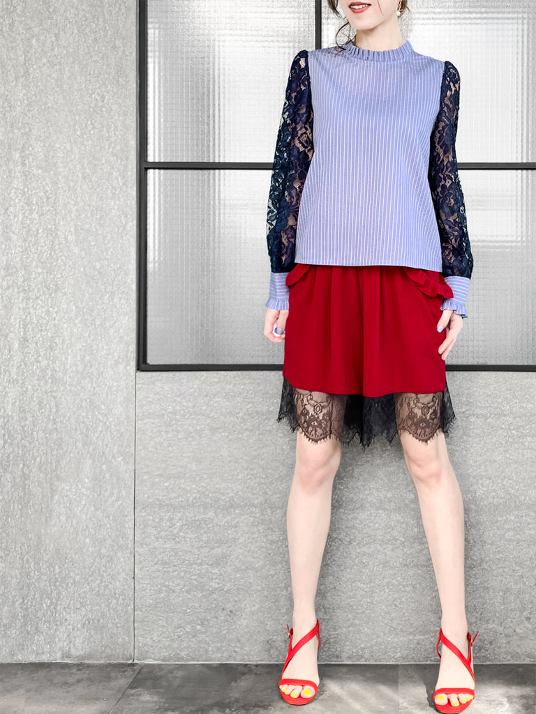 Final Sale! Blue Stripe Navy Lace Sleeves Ruffle Collar Blouse