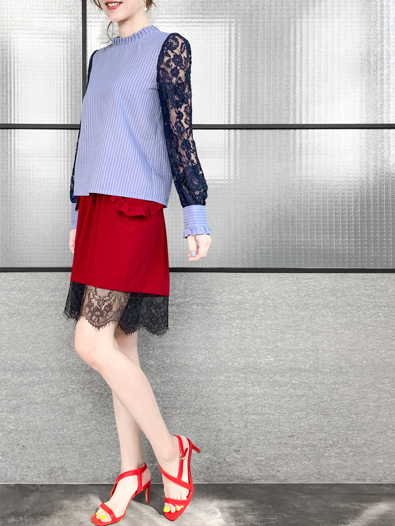 Final Sale! Blue Stripe Navy Lace Sleeves Ruffle Collar Blouse