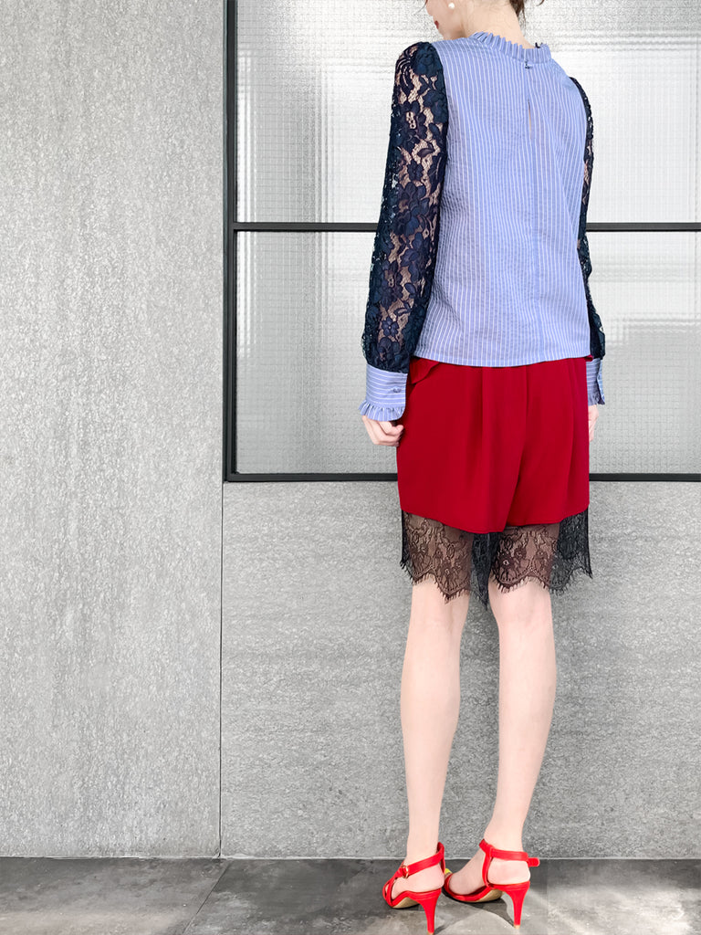 Final Sale! Blue Stripe Navy Lace Sleeves Ruffle Collar Blouse