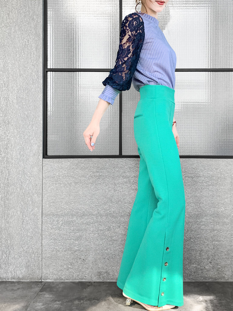 Final Sale! Blue Stripe Navy Lace Sleeves Ruffle Collar Blouse