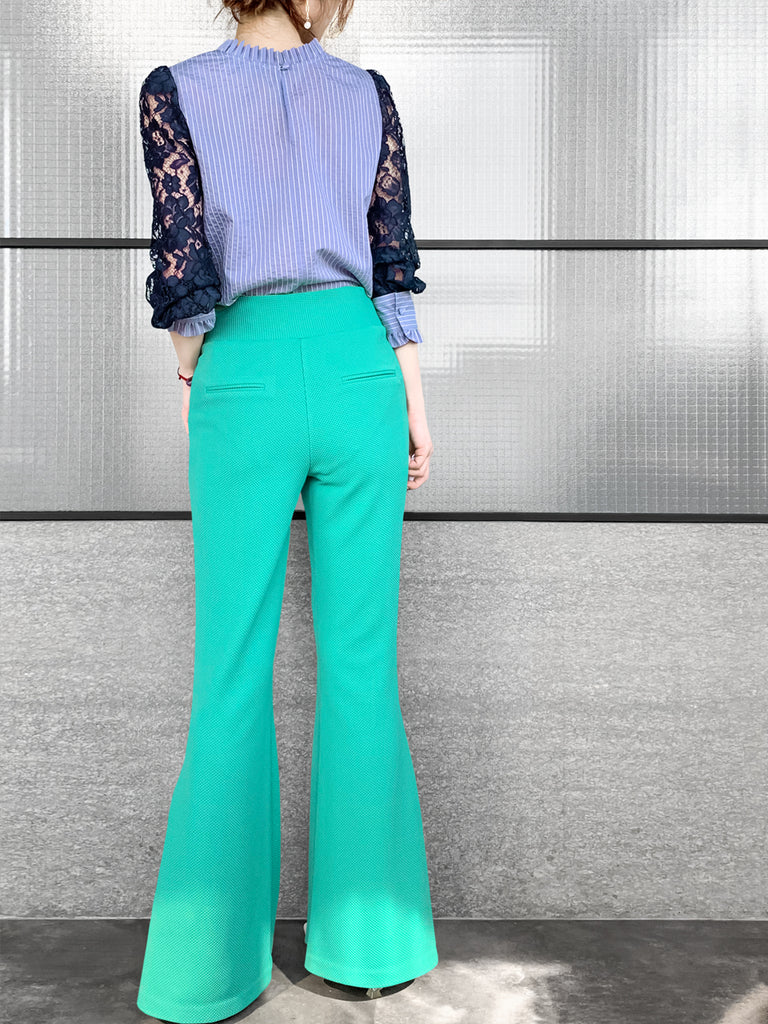 Final Sale! Blue Stripe Navy Lace Sleeves Ruffle Collar Blouse