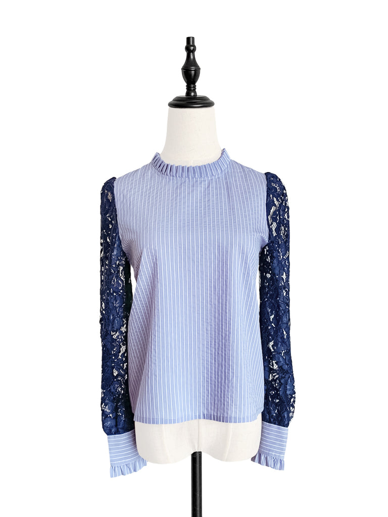 Final Sale! Blue Stripe Navy Lace Sleeves Ruffle Collar Blouse