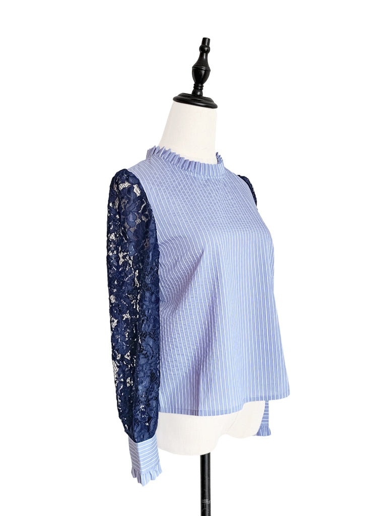 Final Sale! Blue Stripe Navy Lace Sleeves Ruffle Collar Blouse