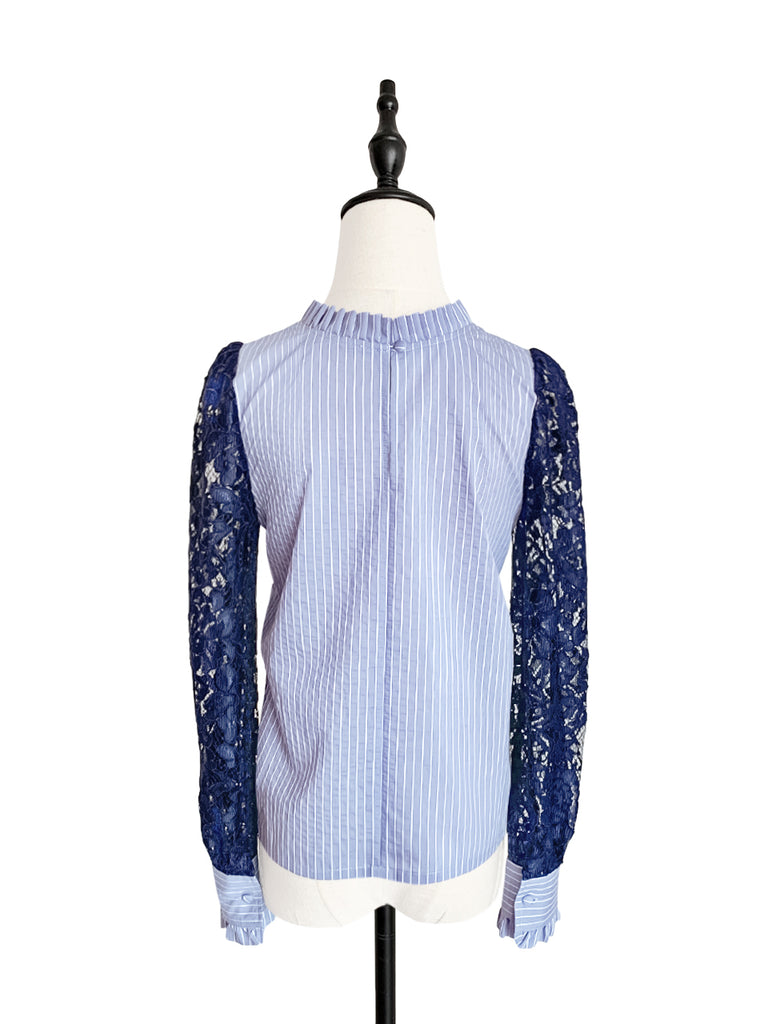 Final Sale! Blue Stripe Navy Lace Sleeves Ruffle Collar Blouse