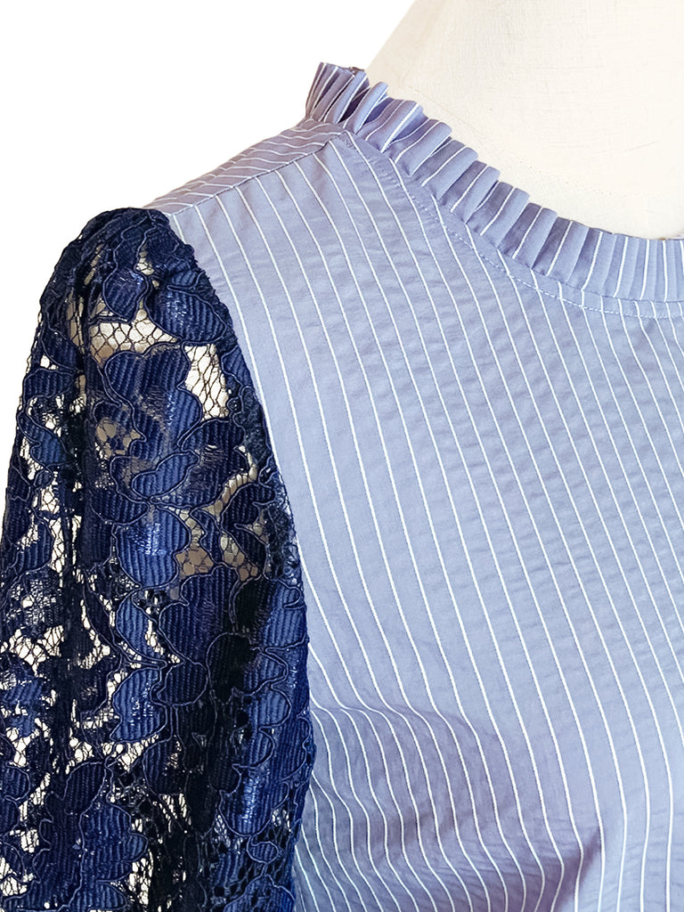 Final Sale! Blue Stripe Navy Lace Sleeves Ruffle Collar Blouse