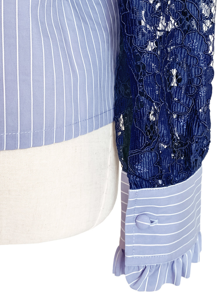 Final Sale! Blue Stripe Navy Lace Sleeves Ruffle Collar Blouse