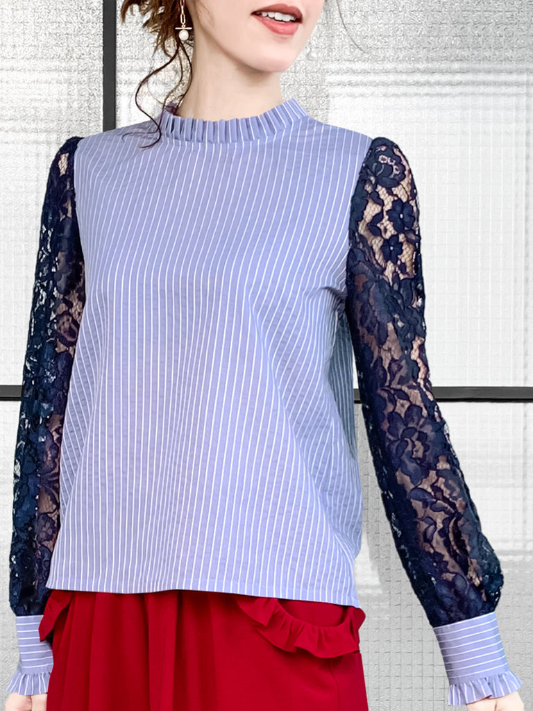 Final Sale! Blue Stripe Navy Lace Sleeves Ruffle Collar Blouse