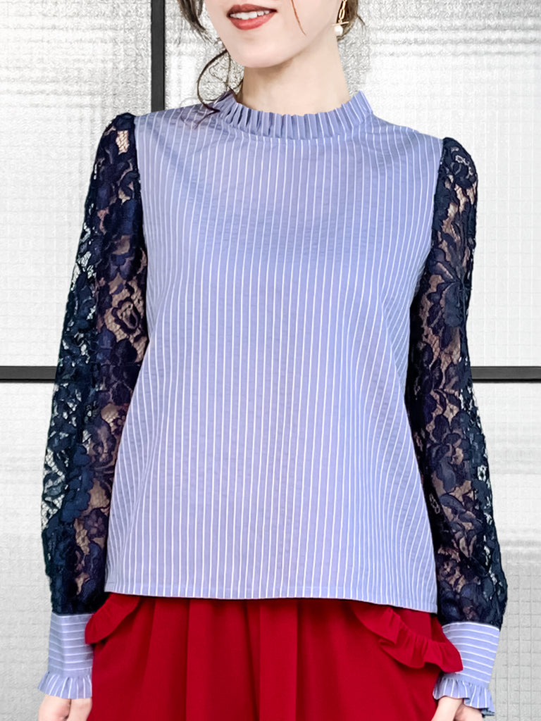 Final Sale! Blue Stripe Navy Lace Sleeves Ruffle Collar Blouse