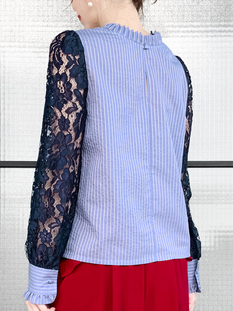 Final Sale! Blue Stripe Navy Lace Sleeves Ruffle Collar Blouse
