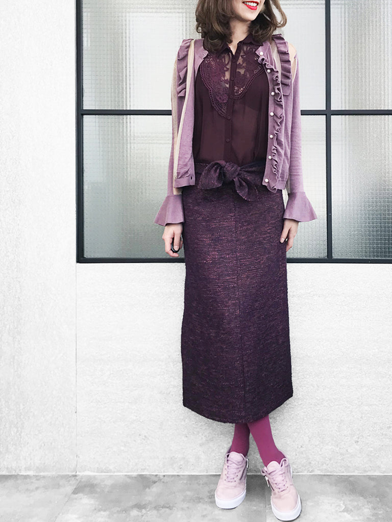 進一步出售!紫色羊毛混紡針織正面繫帶蝴蝶結筒裙