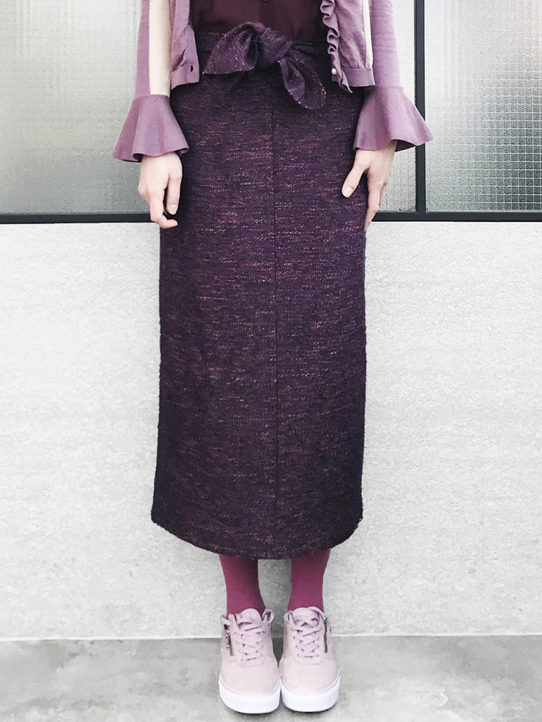 進一步出售!紫色羊毛混紡針織正面繫帶蝴蝶結筒裙