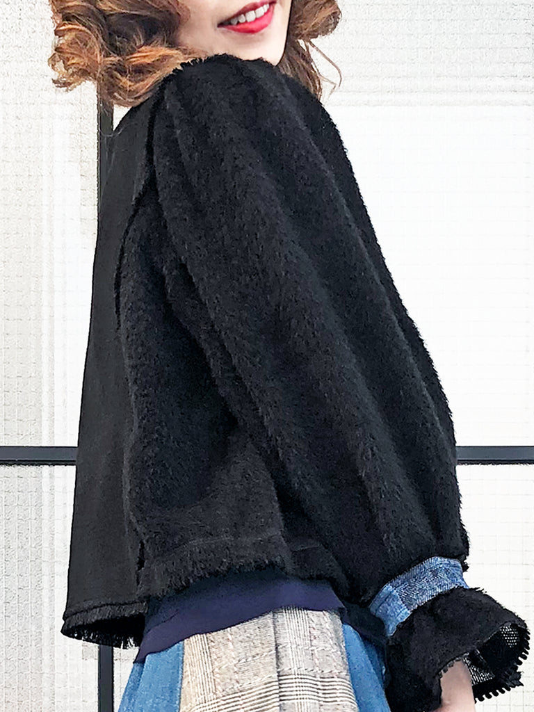 Last Chance! Black Tonal Woollen Furry Sleeves Short Trench Coat