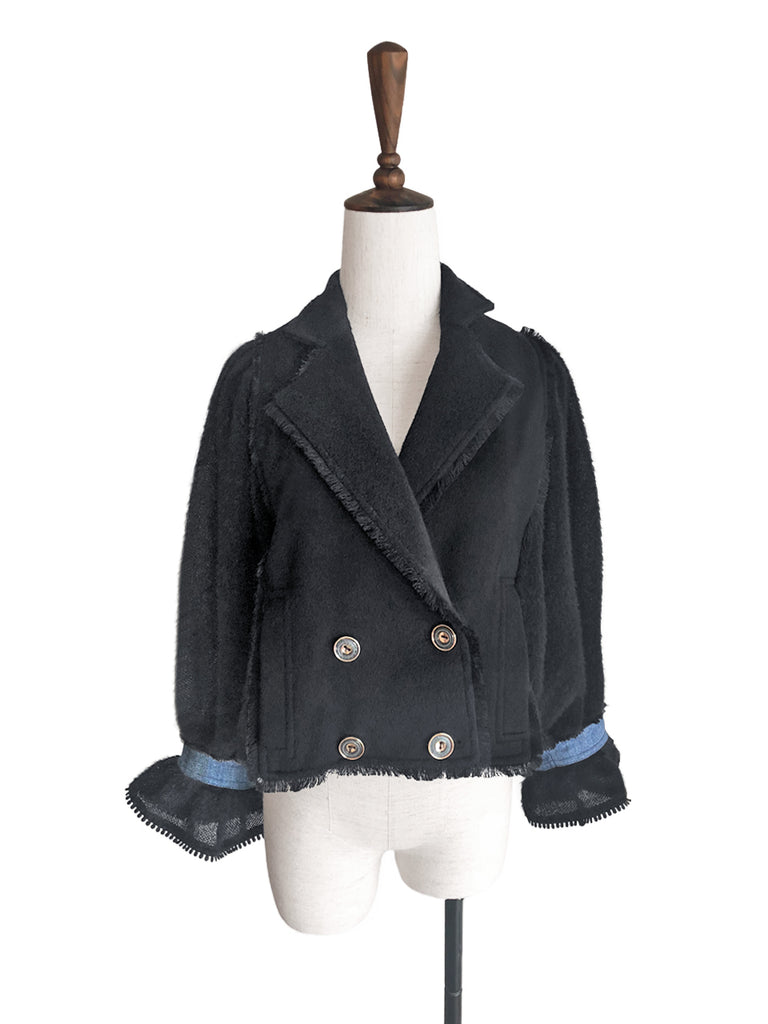 Last Chance! Black Tonal Woollen Furry Sleeves Short Trench Coat