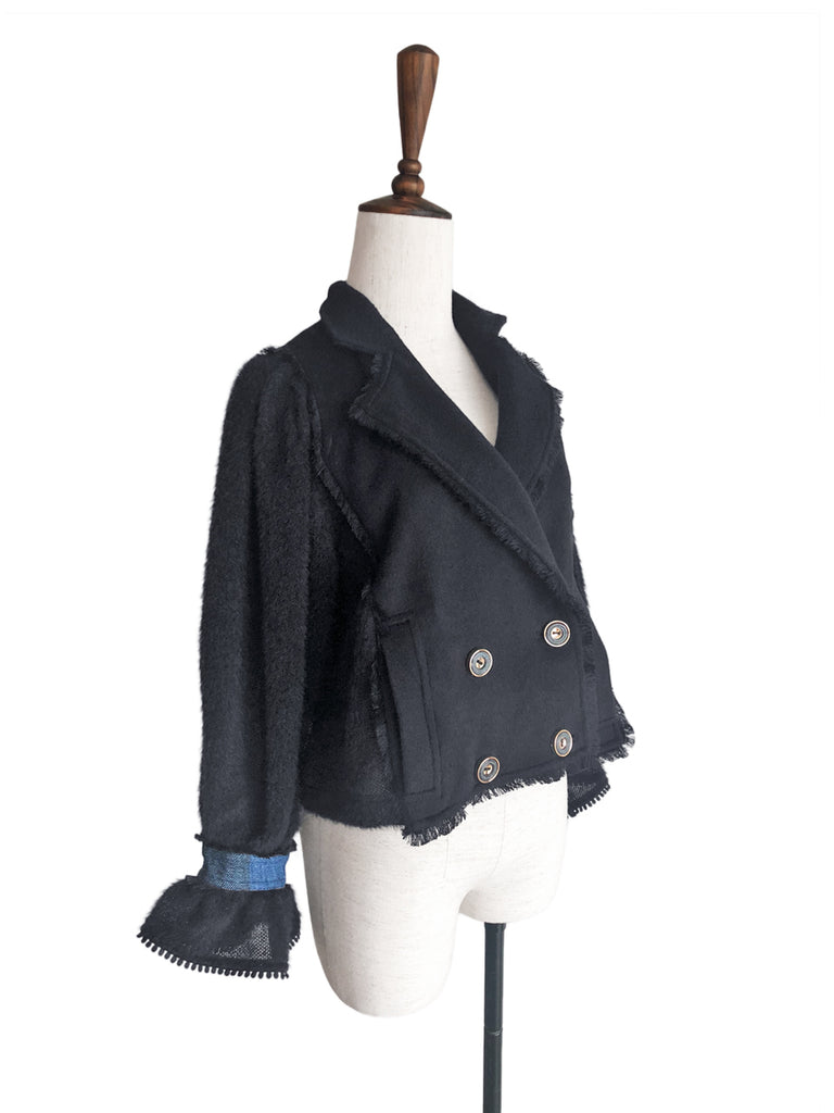 Last Chance! Black Tonal Woollen Furry Sleeves Short Trench Coat