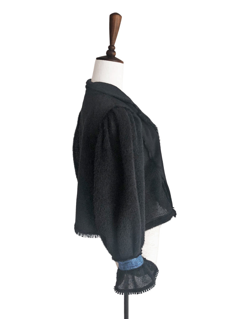 Last Chance! Black Tonal Woollen Furry Sleeves Short Trench Coat