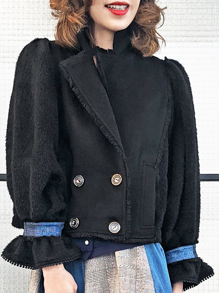 Last Chance! Black Tonal Woollen Furry Sleeves Short Trench Coat